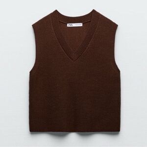 Zara Women’s Size Medium Brown Knit Ribbed Sleeveless V-Neck Sweater Vest